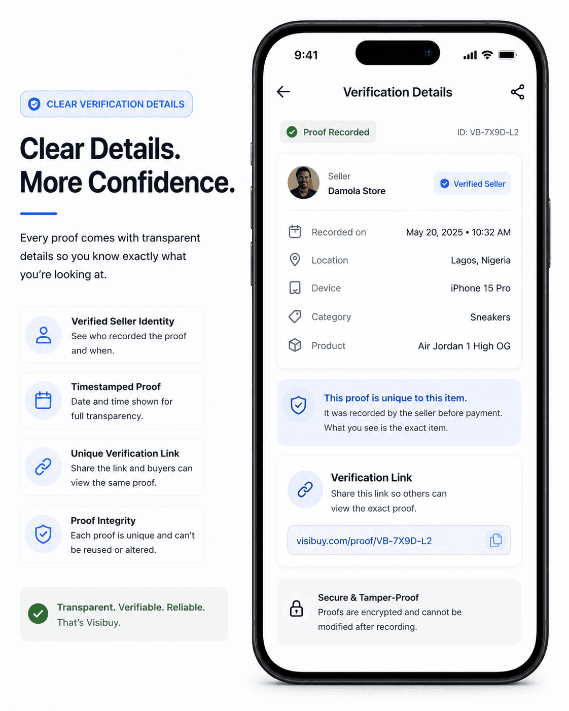 Clear verification details shown to buyers