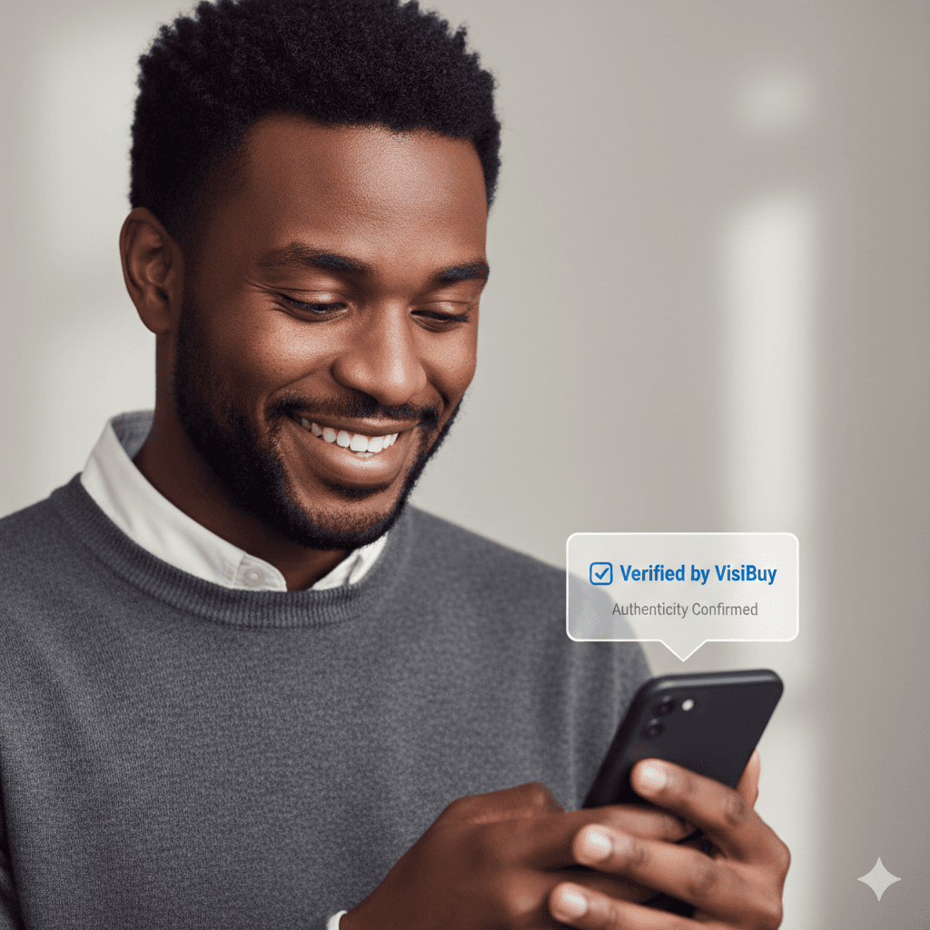 Happy seller checking verification on phone