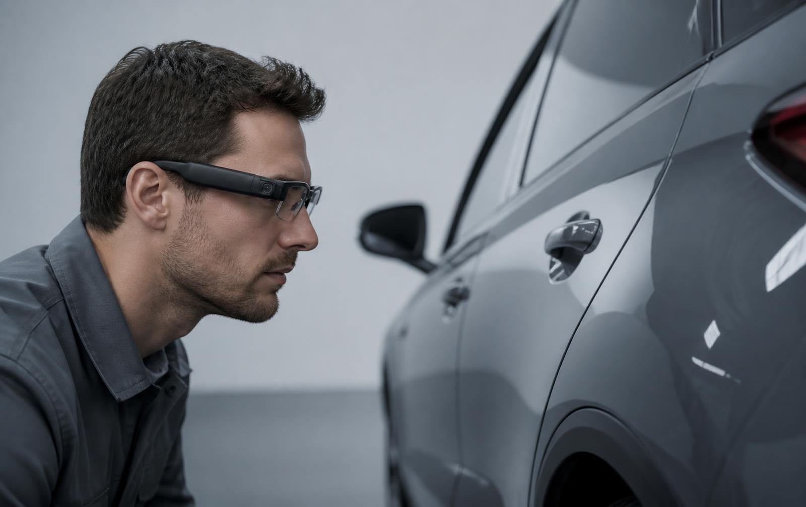 Worker wearing camera-enabled smart glasses inspecting a car